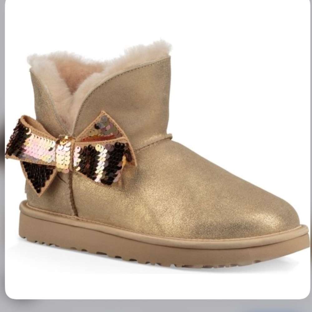 UGG Mini Gold Sequin Glitter Bow Bootie /Boots